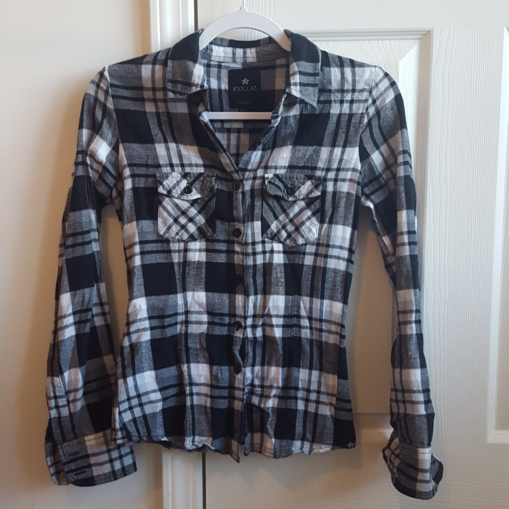 Black/ White Plaid Flannel Button Down